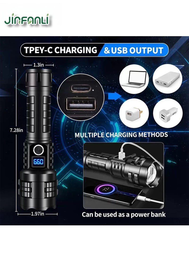 JINFANLI LED Flashlight, Super Bright Flashlight with LCD Display, Rechargeable, Military Grade Waterproof, Zoomable, Suitable for Camping - Image 2